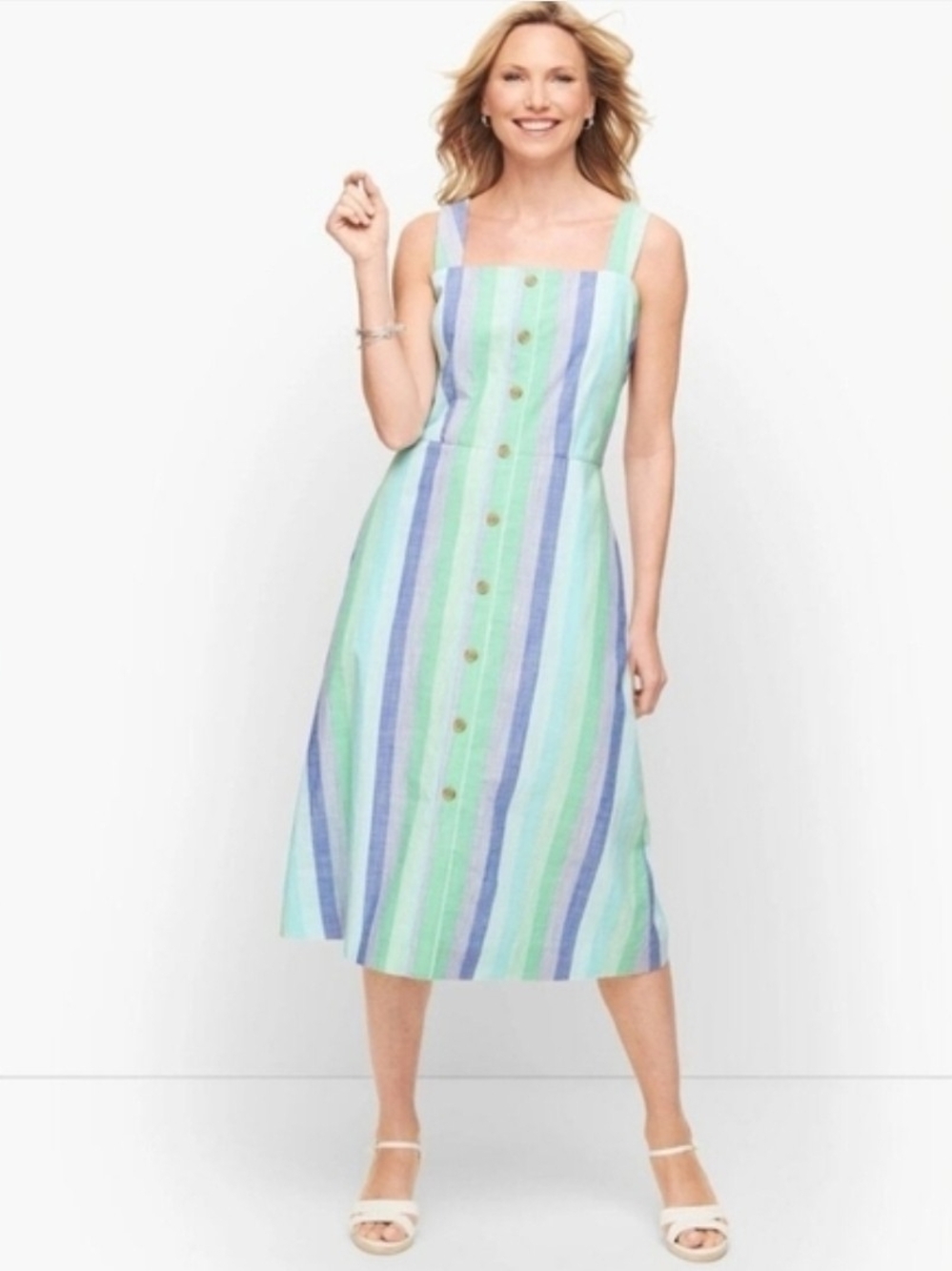 Talbots Petite 16P Striped Midi Dress Blue Green Button Front 100% Cotton NEW